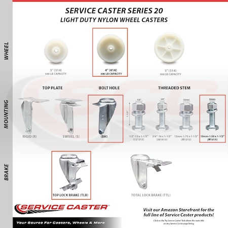Service Caster 4 Inch SS Nylon Wheel Swivel 10mm Threaded Stem Caster Brakes SCC, 2PK SCC-SSTS20S414-NYS-M1015-2-TLB-2